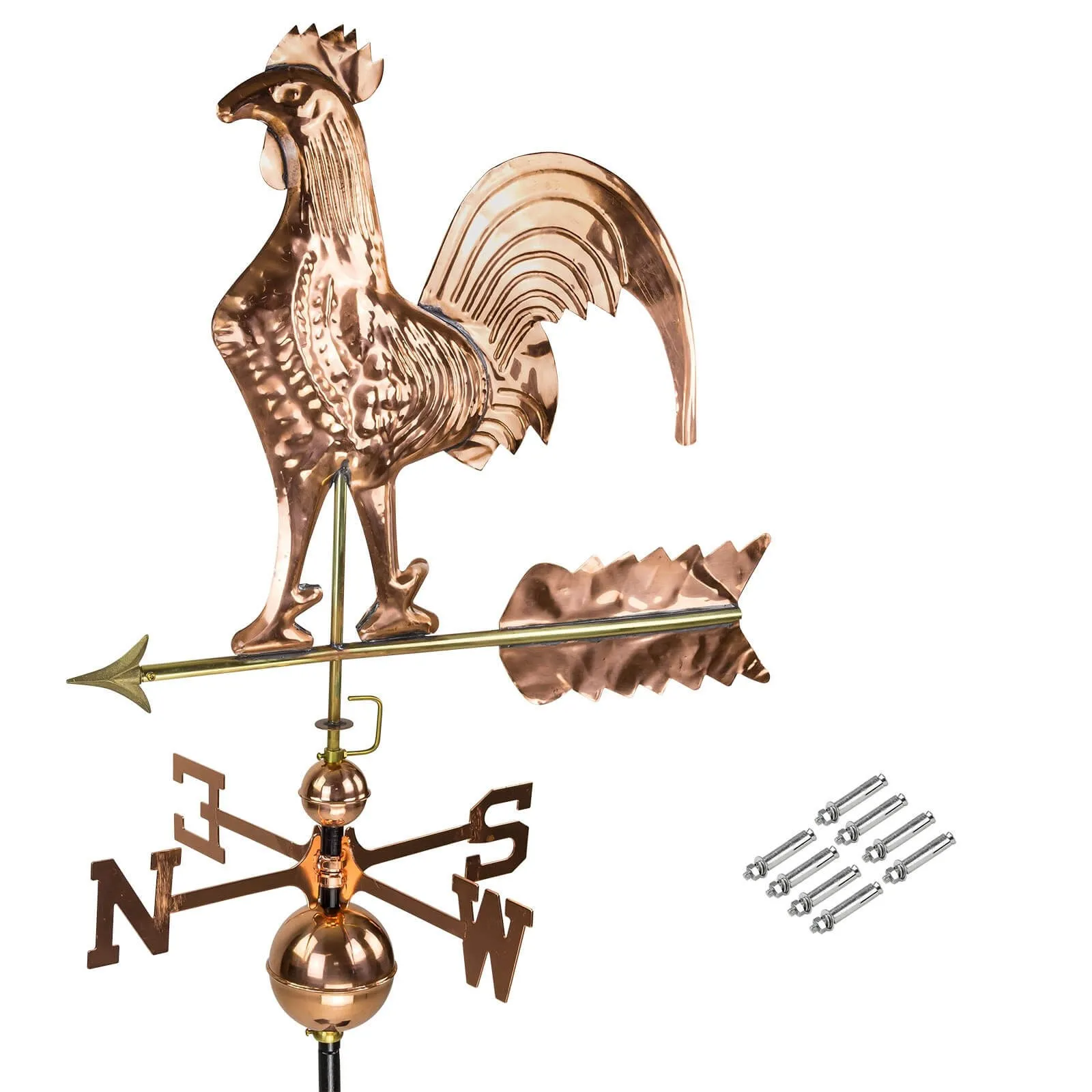3D Wetterfahne Hahn aus Kupfer mit Standfuß für Dachmontage oder Bodenmontage