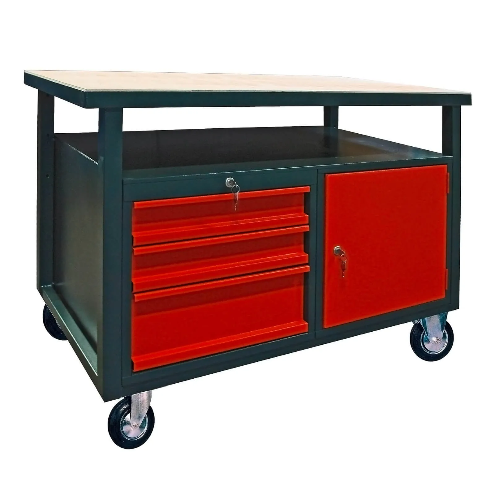 Werkbank / Werktisch, 3 Schubladen, 1 Tür, mit Rollen, fahrbar