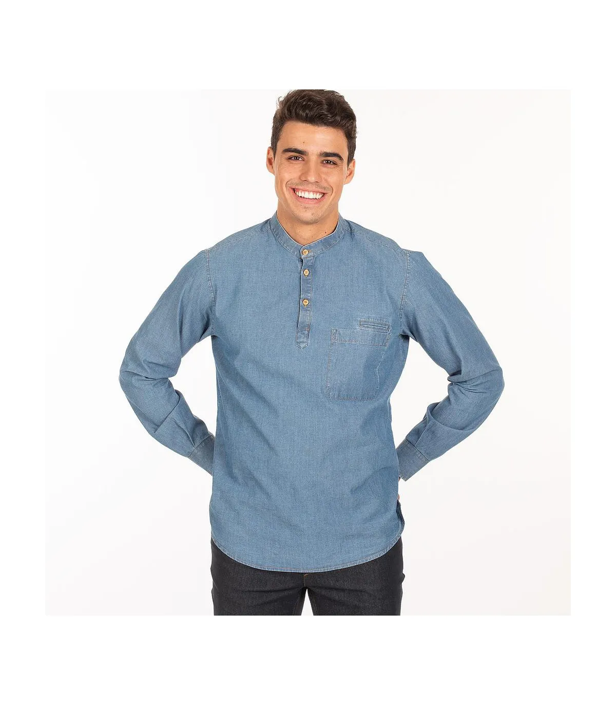 Hemd mit Mao-Kragen, gewaschener Denim-Popeline-Stoff, Slim Fit, ROMEO GARY'S UNIFORMS 298200